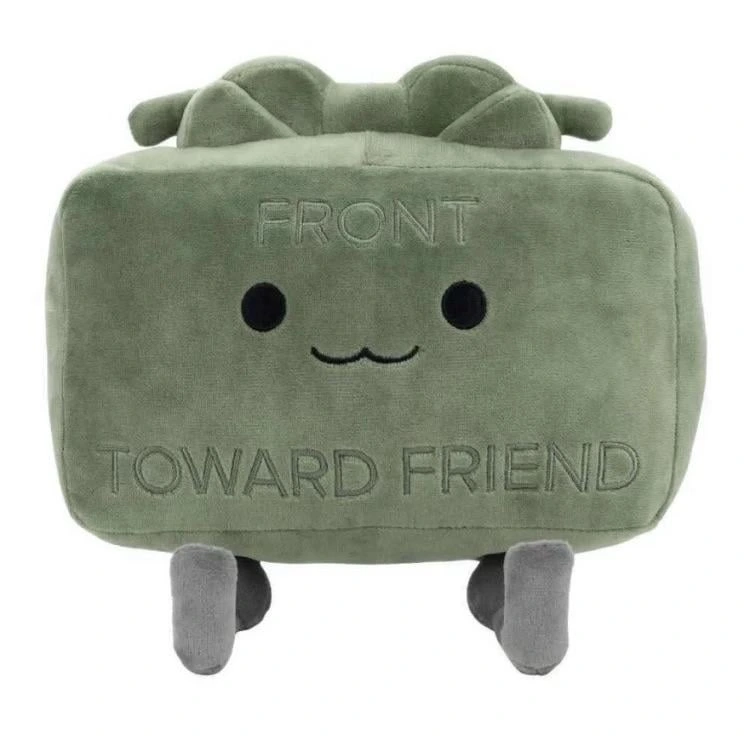 A picture of a claymore plush toy with the text "FRONT TOWARD FRIEND".