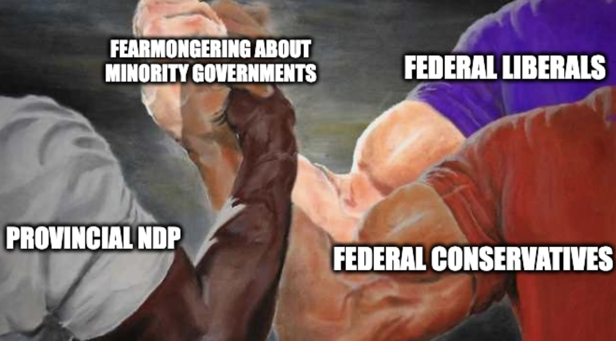 Epic handshake with Provincial NDP, Federal Liberals and Federal Conservatives on fearmongering about minority governments.