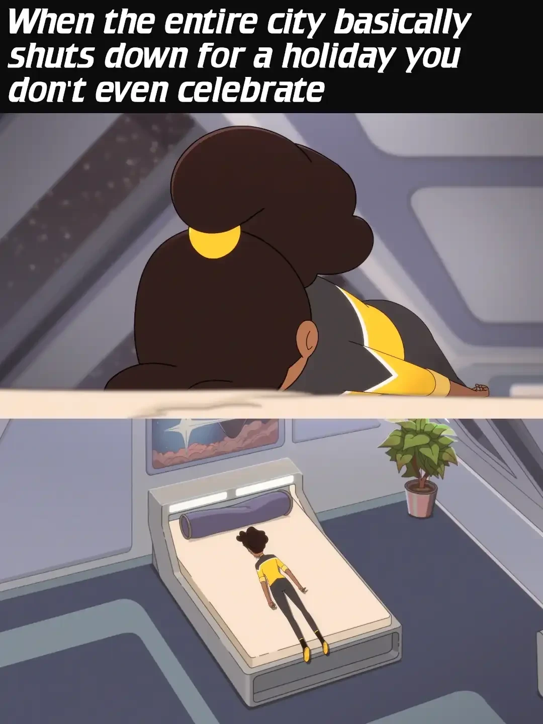 Image of someone lying face down and motionless, with the caption "When the entire region basically shuts down for a holiday you don't even celebrate"