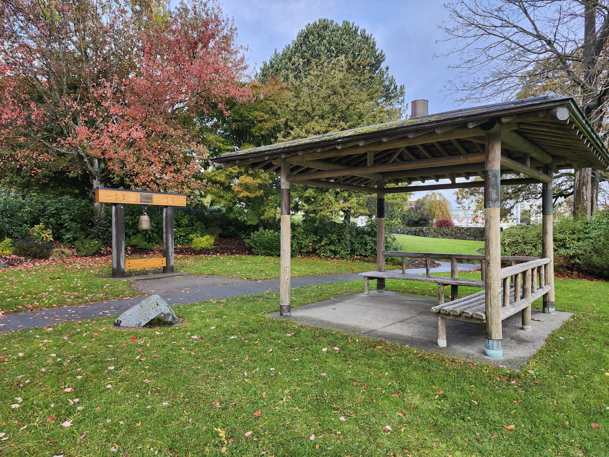 Victoria BC around Laurel Point, a beautiful location near the coast lies The Friendship Bell and Japanese pavillion gifted by the Morioka Victoria Friendship Society