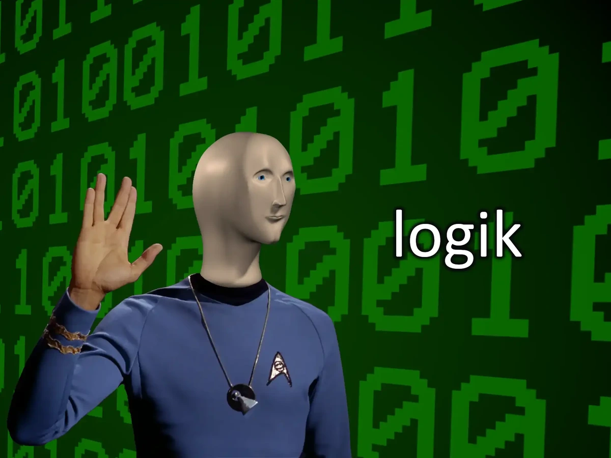 Spock, with the head of "meme man", saying "logik", in front of a background of binary gibberish