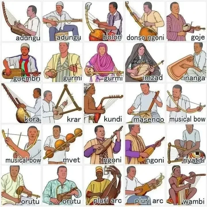 Illustration of a selection of traditional African instruments from across the continent