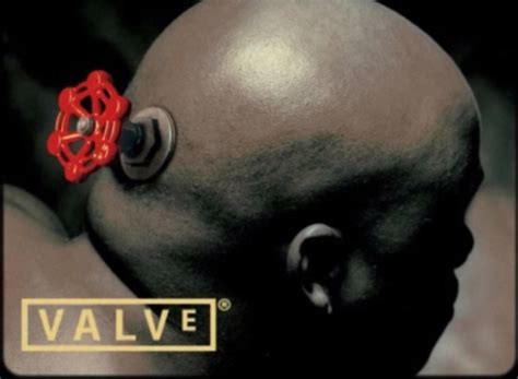 Red valve embeded behind head of bald man