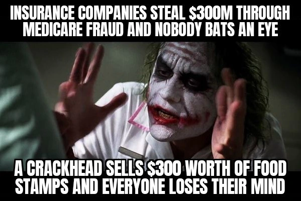 An image of Heath Ledger's Joker. A text reads: "Insurance companies steal $300M through medicare fraud and nobody bats an eye, a crackhead sells $300 worth of food stamps and everyone loses their mind."