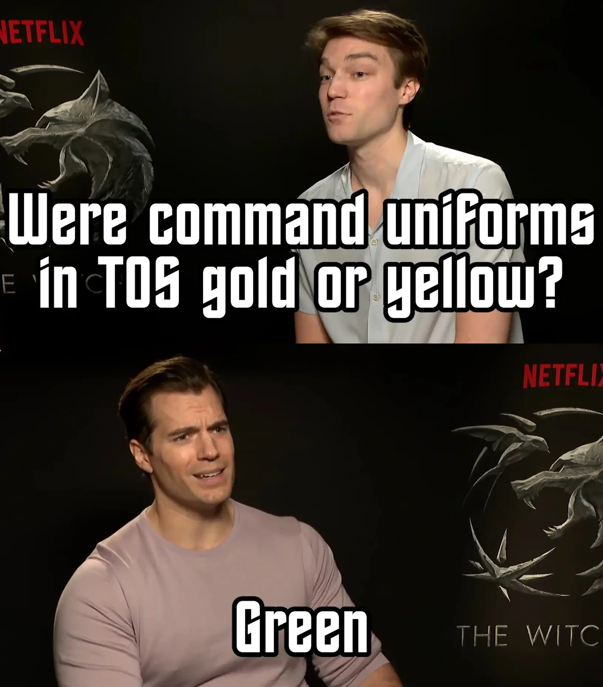 Panel 1: "Were command uniforms in TOS gold or yellow?" Panel 2: "Gold"