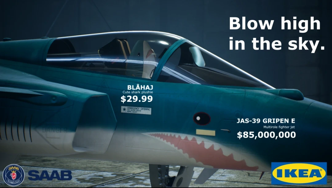 Ikea advertisement for a Blahaj fighting jet with the slogan "Blow high in the sky."