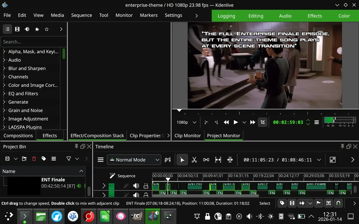 Screenshot of a computer screen, showing a video editor creating a video titled "The full Enterprise finale episode, but the entire theme song plays at every scene transition"