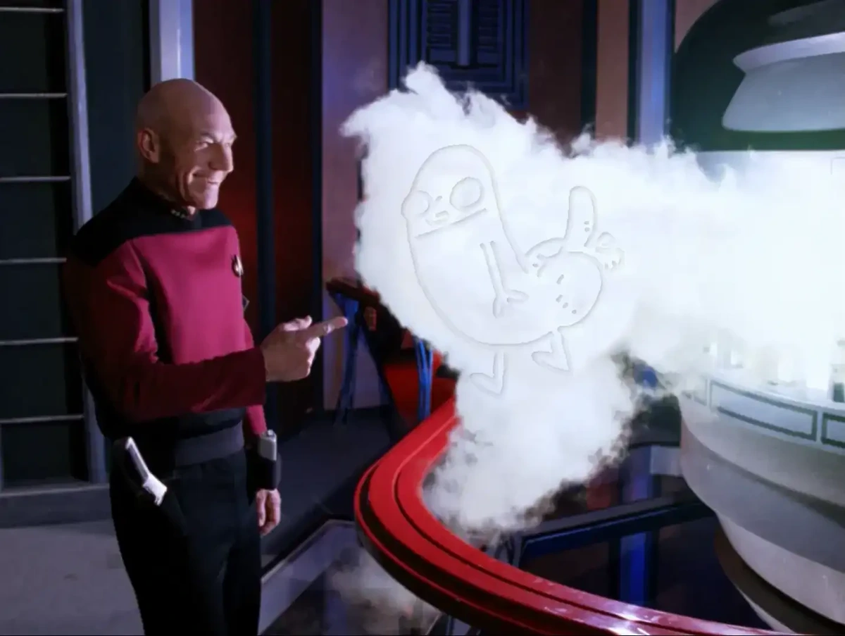 Picard laughing, pointing at a dickbutt he just drew