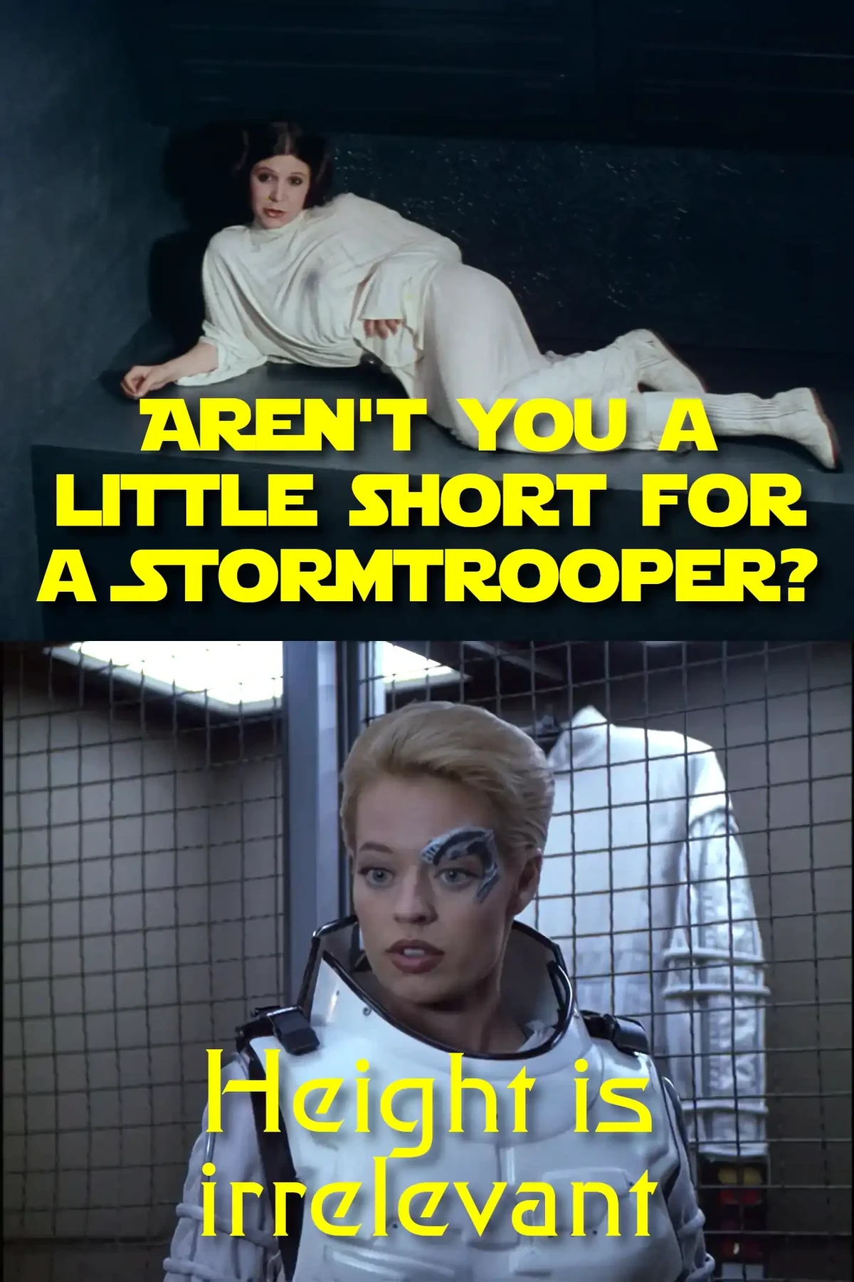 Princess Leia asking "Aren't you a little short for a Stormtrooper?" Seven of Nine, wearing a Stormtrooper-esque EV suit, replies "Height is irrelevant"